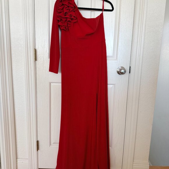 Xscape Ruffle One-Shoulder Gown Red Wmns 8 - Picture 3 of 7